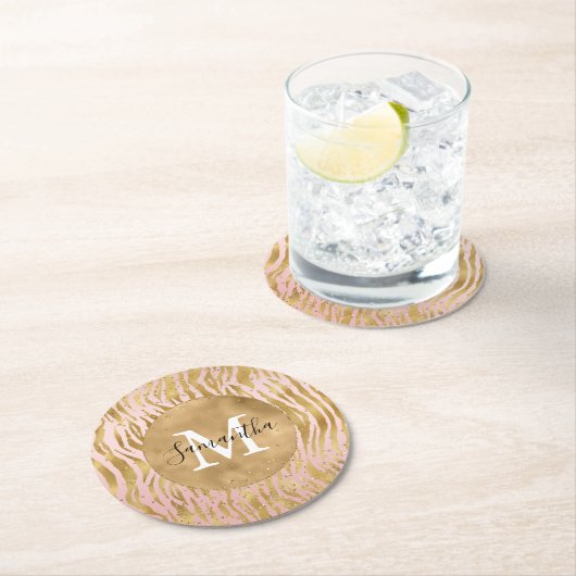 Rosa Blush Gold Zebra Print Glitz Sparkor Runder Pappuntersetzer (Vor Ort)