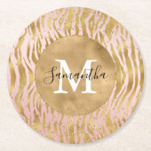Rosa Blush Gold Zebra Print Glitz Sparkor Runder Pappuntersetzer (Vorderseite)
