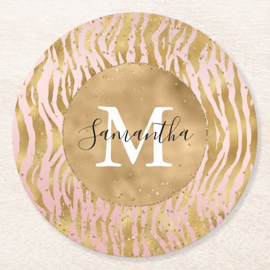Rosa Blush Gold Zebra Print Glitz Sparkor Runder Pappuntersetzer (Vorderseite)