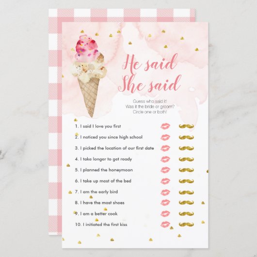 Rosa Blush Ice Creme Er sagte, sie sagte Game Card (Vorne/Hinten)