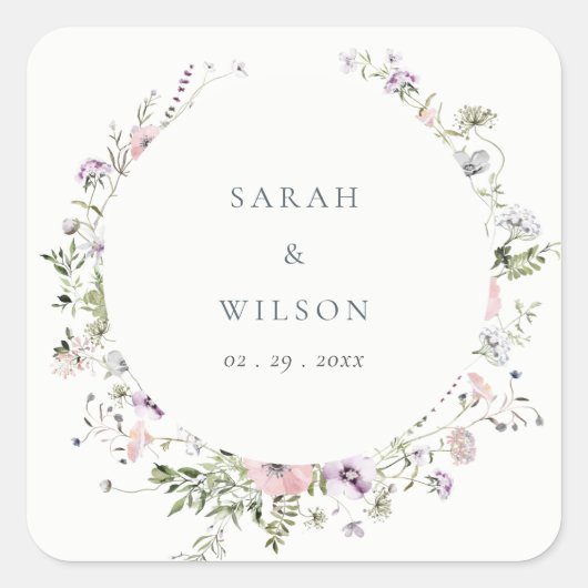 Rosa Blush Lilac Wildblume Circle Frame Wedding Quadratischer Aufkleber (Vorderseite)