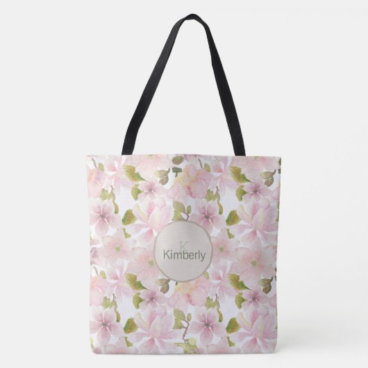 Rosa Blush Magnolia Floral Initialmonogramm Tasche (Vorderseite)