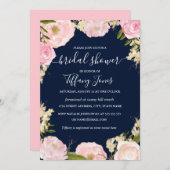Rosa Blush Navy Bloral Bridal Dusche Einladung (Vorne/Hinten)