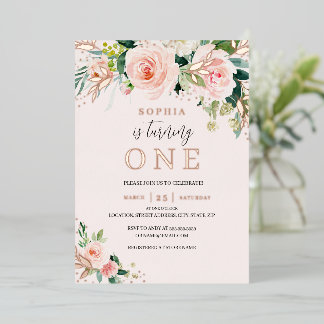 Rosa Blush Rose Gold Floral Girl 1. Geburtstag Folieneinladung