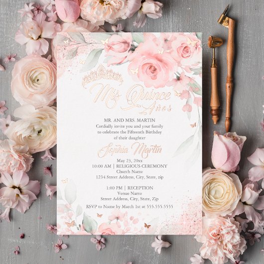 Rosa Blush Rose Gold Mis Quince Quinceanera Folieneinladung