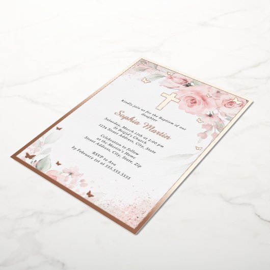 Rosa Blush Rose Goldkreuz Bläsertaufe Folieneinladung (Gedreht)