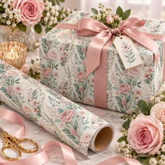 Rosa Blush Rosen Sagegrünes Laub | Geschenkpapier