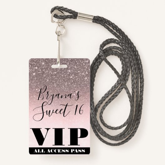 Rosa Blush Silver Glitzer Glam Sweet 16 VIP Pass Ausweis (Vorderseite mit Schlüsselband)