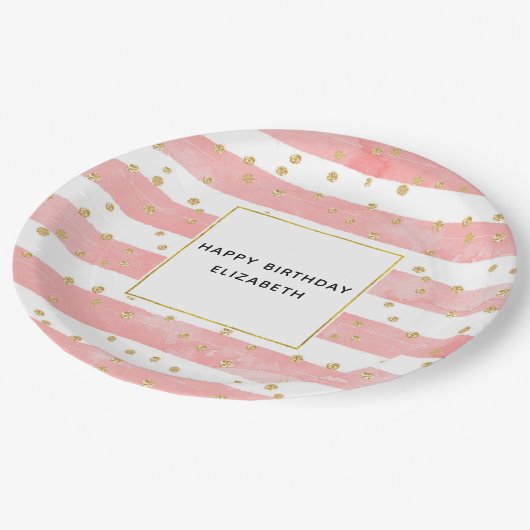 Rosa Blush Streifen & Imitate Goldener Confetti Ge Pappteller (Schrägansicht)