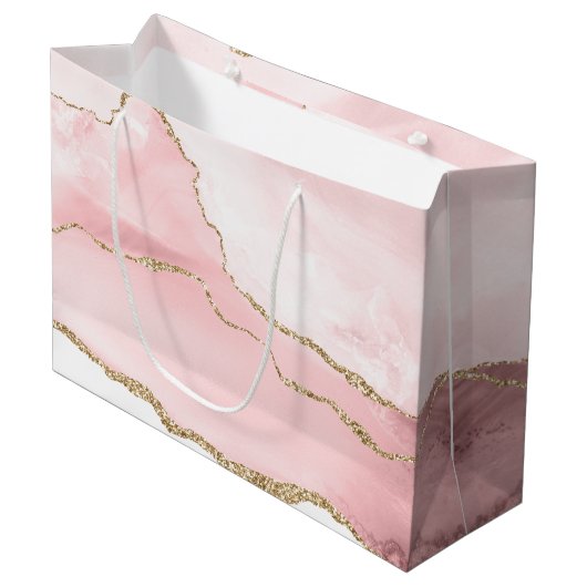 Rosa Blush Tor mit Gold Ribbon Elegant Große Geschenktüte (Vorderseite Schrägansicht)