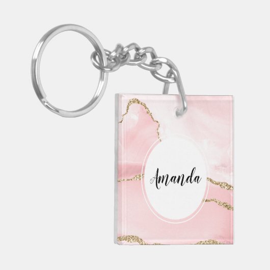 Rosa Blush Tor mit Gold Ribbon Elegant Schlüsselanhänger (Vorderseite links)