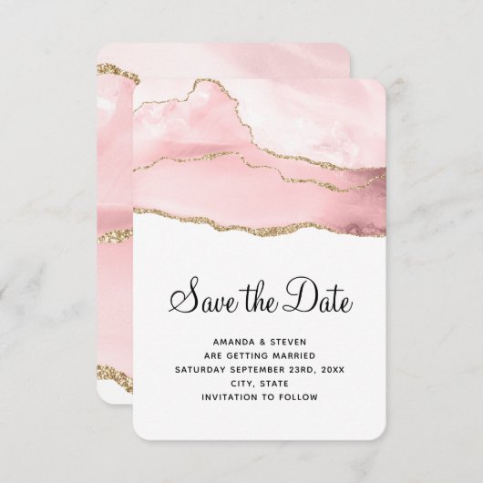 Rosa Blush Tor mit goldener Ribbon Elegante Hochze Save The Date (Vorne/Hinten)