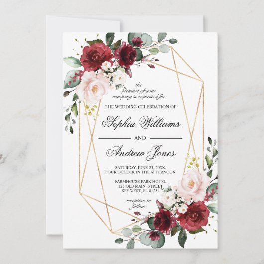 Rosa Blush und Burgund Rose Einladung Hochzeit (Vorderseite)