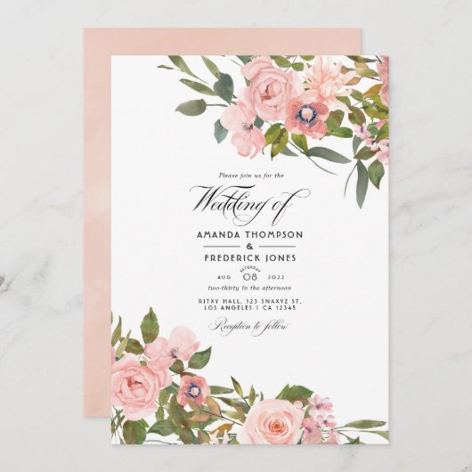 Rosa Blush und Rose Gold Floral Wedding Foto Einladung (Vorne/Hinten)
