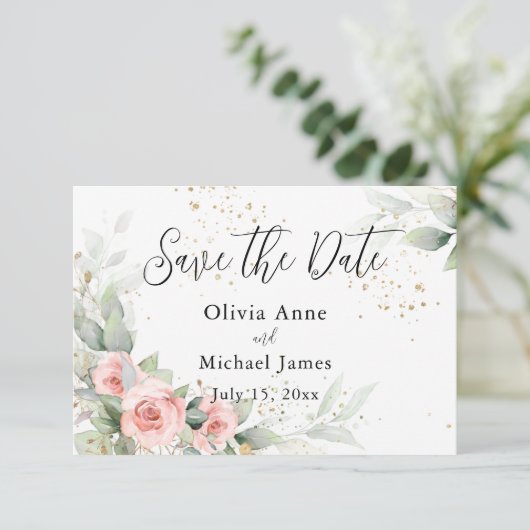 Rosa Blush Wasserfarben Save the Date Rose (Stehend Vorderseite)