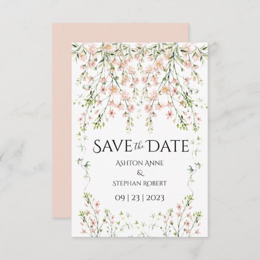 Rosa Blush Wildblumen Elegante Blumenhochzeit Save The Date (Vorne/Hinten)