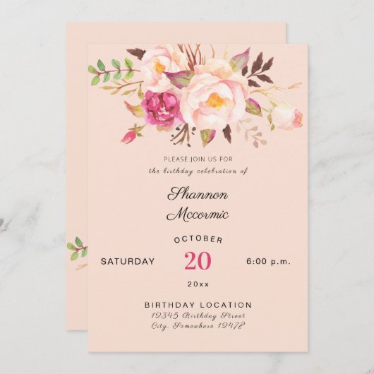 Rosa Blüte Blütengeburt Einladung (Vorne/Hinten)