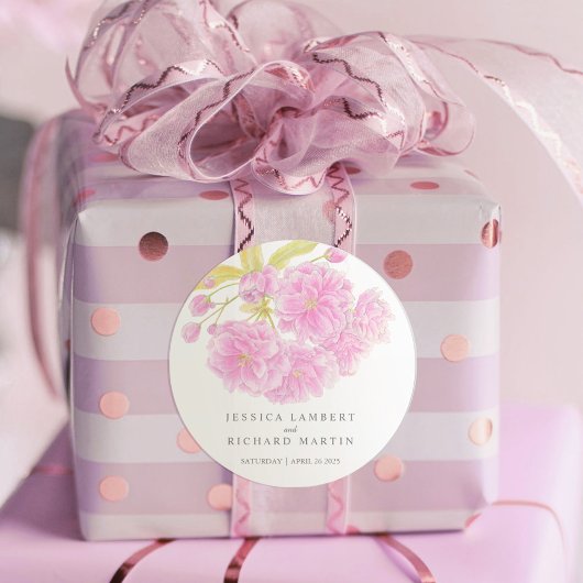 Rosa Blüte doppelte Blume Hochzeitsaufkleber Runder Aufkleber