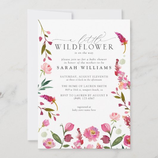 Rosa Blüte Eine kleine Wildblume Wasserfarbendusch Einladung (Vorderseite)