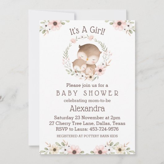 Rosa Blüte Es ist eine Girl Owl Babydusche Einladung (Vorderseite)