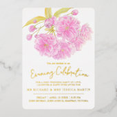 Rosa Blüte Frühling Abend feiern Gold Folieneinladung (Vorderseite)