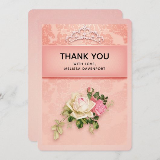 Rosa Blüte mit Diamond Tiara Elegantes Design Dankeskarte (Vorne/Hinten)