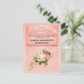 Rosa Blüte mit Diamond Tiara Princess Birthday Einladungspostkarte (Stehend Vorderseite)