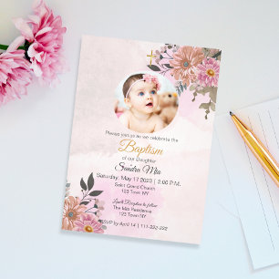 Rosa Blüte mit Foto Taufe Einladung