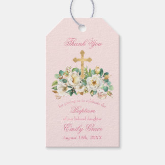 Rosa Blüte mit Goldkreuz Geschenkanhänger