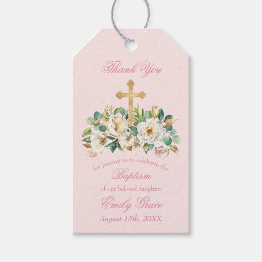 Rosa Blüte mit Goldkreuz Geschenkanhänger (Vorderseite)