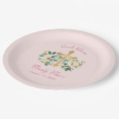 Rosa Blüte mit Goldkreuz Pappteller (Schrägansicht)