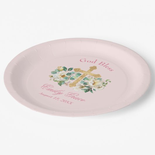 Rosa Blüte mit Goldkreuz Pappteller (Schrägansicht)