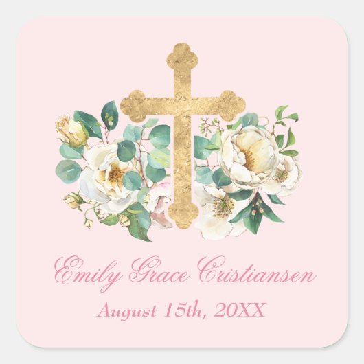 Rosa Blüte mit Goldkreuz Quadratischer Aufkleber (Vorderseite)