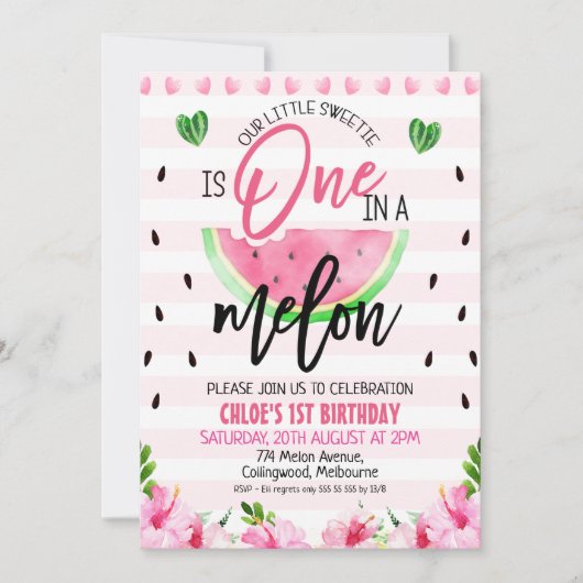 Rosa Blüte und Stift eins in einem Melon 1. Geburt Einladung (Vorderseite)