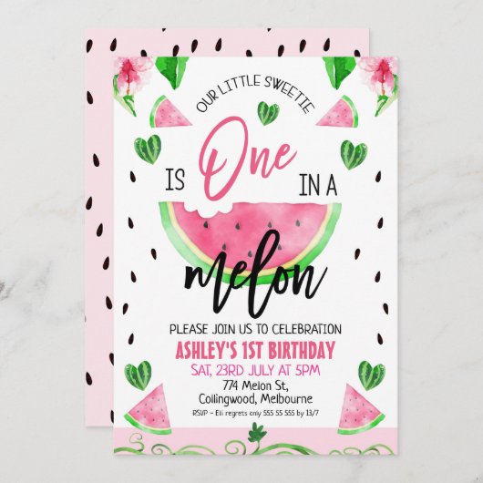 Rosa Blüte und Wein Eins in einem Melone 1. Geburt Einladung (Vorne/Hinten)