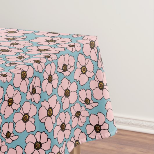 Rosa Blüten auf Blaugrün Tischdecke (Beispiel)