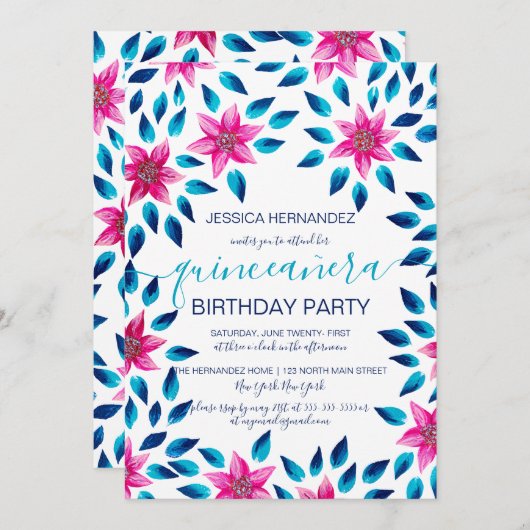 Rosa Blüten Blätter Acrylic Paint Quinceañera Einladung (Vorne/Hinten)