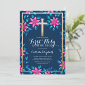 Rosa Blüten Blätter Gold Cross Kommunion Invi Einladung (Stehend Vorderseite)