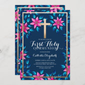 Rosa Blüten Blätter Gold Cross Kommunion Invi Einladung (Vorne/Hinten)