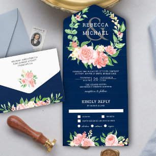 Rosa Blüten-Girlande Navy Blau Hochzeit All In One Einladung