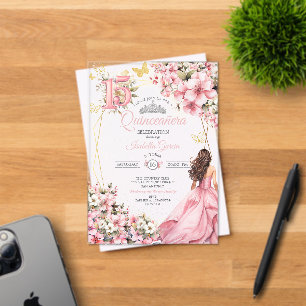 Rosa Blüten-Goldene Schmetterlinge Quinceañera Acryleinladungen