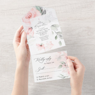 Rosa Blüten, Grün, Florale Konfirmation All In One Einladung