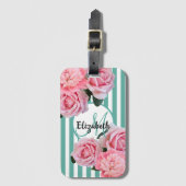 Rosa Blüten, grüne weiße Streifen, Monogramm Gepäckanhänger (Vorderseite Vertikal)