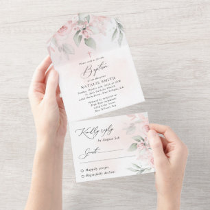 Rosa Blüten, Grünpflanzen, Boho, Florale Taufe All In One Einladung