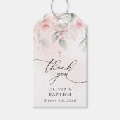 Rosa Blüten, Grünpflanzen, Boho, Florale Taufe Geschenkanhänger (Vorderseite)