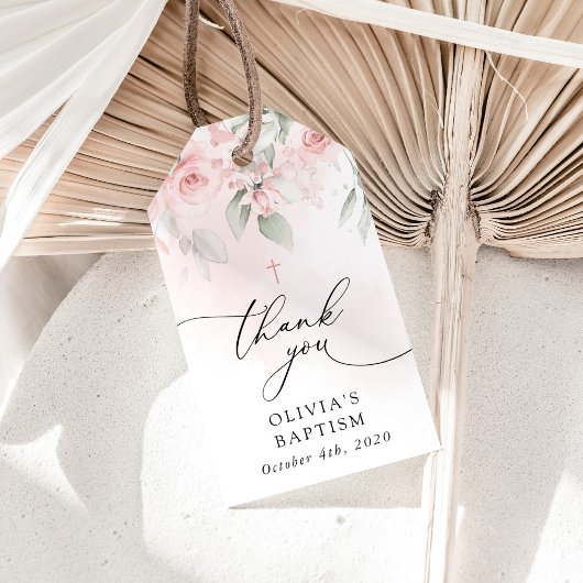 Rosa Blüten, Grünpflanzen, Boho, Florale Taufe Geschenkanhänger