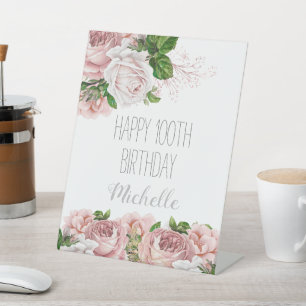 Rosa Blüten-Happy 100. Geburtstag Sockelschild