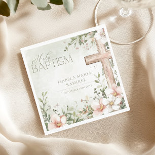 Rosa Blüten Holzkreuz Mädchen Taufe Serviette