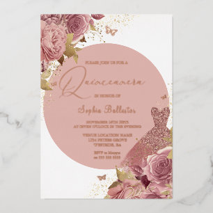 Rosa Blüten & Kleid Quinceanera Roségold Folieneinladung