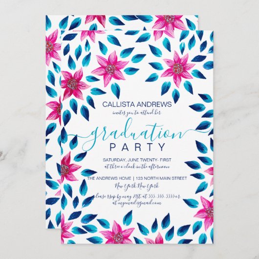 Rosa Blüten Leaf Acrylfarbe Abschluss Einladung (Vorne/Hinten)